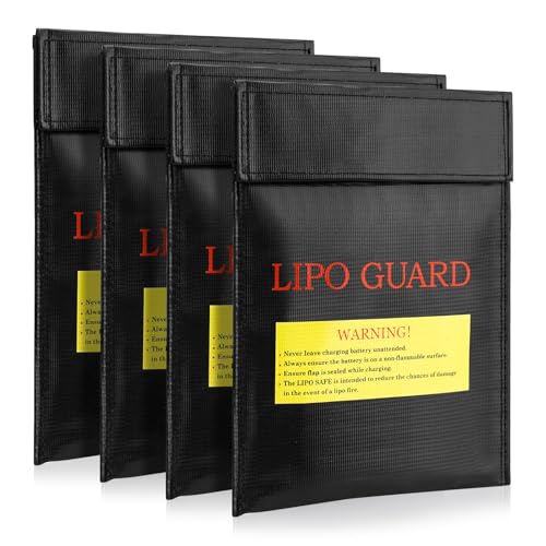 4 Pack Lipo Safe Bag for Battery Storage and Charging, Black Double Layer High-Density Fabric Protective Pouch with Hook-and-Loop Closure, Portable Organizer for Phone, Cards, Cash and Travel (Black)