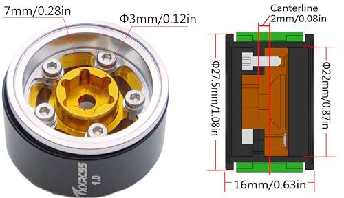 RC 1.0 Beadlock Wheels Offsets -2 Aluminum Rims for AX24 1/18 TRX4M All 1/24 Scale SCX24 Deadbolt RC Crawler Car Wheels Upgrades 4Pc (Silver & Golden) - color: Silver & Golden