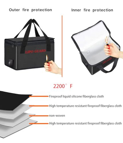 Lipo Battery Safe Bag Large Capatity Fireproof Bag for Ebike Lipo Battery Other Batteries Storage Charging Transport Home Office Travel Safe Storage Pouch - size: 260*130*150+185*75*60mm