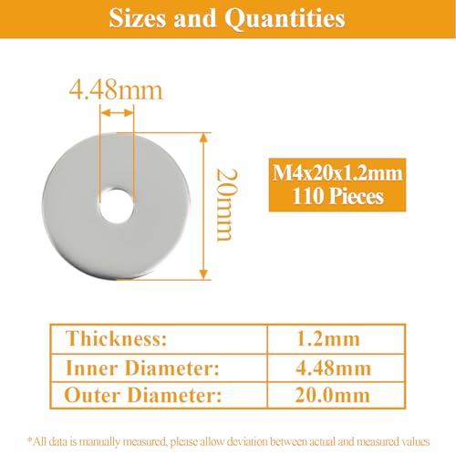 110 Pieces M4x20x1.2mm Fender Washers, 304 Stainless Steel Flat Washers, Fender Washers, Metal Washers for Screws Bolts - size: M4X20X1.2mm