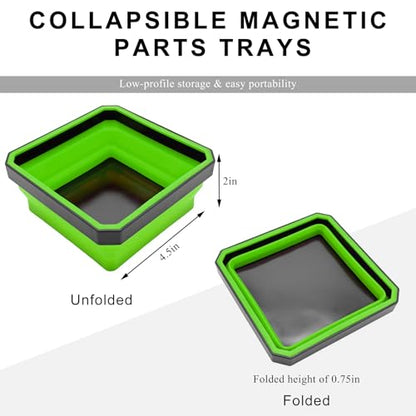 Collapsible Magnetic Parts Tray, 4.5 Inch Foldable Silicone Bowls with Double-Sided Magnetic Base, Parts Tray Organizer for Bolts Nuts Washers Pins Screws, Car Accessories (Green) - color: Green
