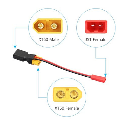 2Pair XT60 Connector Adapter with JST Plug 3", 20AWG Cable Gold Plated Plug | XT60 Male to Female Connector with JST Male & Female Plug, for RC Lithium Battery Drone Quadcopter etc - 4Pcs - style: XT60 Male to Female Connector with JST - 4Pcs(2Pair)