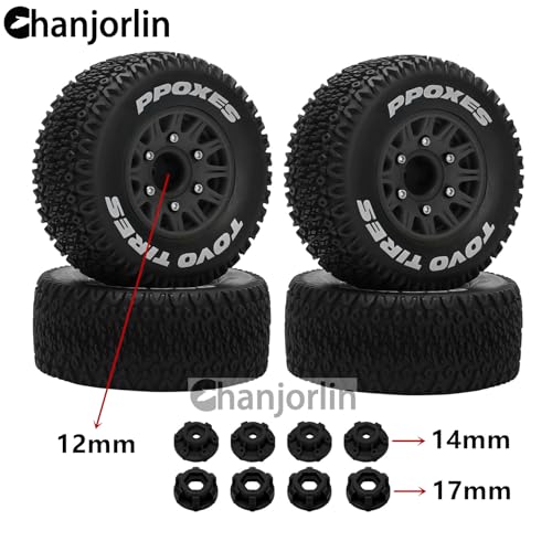 1/10 1/8 RC Short Course Truck Tires OD 112mm and Wheels 12mm 14mm 17mm Hex for 1:8 1:10 Scale Off Road Truck Car Traxxas Slash 2WD 4×4 Axial Losi Redcat Rc4wd Arrma Senton 4PCS (Black) - color: Black
