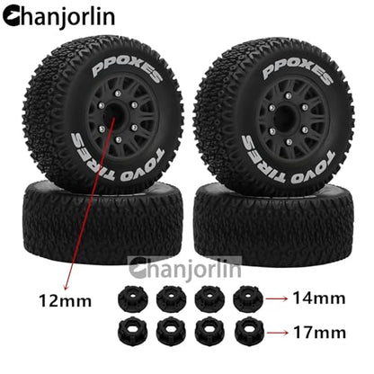 1/10 1/8 RC Short Course Truck Tires OD 112mm and Wheels 12mm 14mm 17mm Hex for 1:8 1:10 Scale Off Road Truck Car Traxxas Slash 2WD 4×4 Axial Losi Redcat Rc4wd Arrma Senton 4PCS (Black) - color: Black