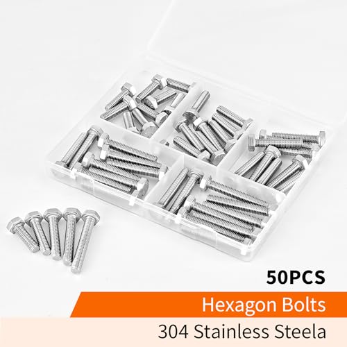 M6 x 20mm 25mm 30mm 35mm 40mm Heavy Duty Hexagon Bolts Hex Head Screws, 304 Stainless Steel, Metric, Machine Fully Thread, Bright Finish, Assortment Kit 50PCS - size: M6 x 20/25/30/35/40mm (50PCS)
