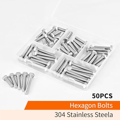 M6 x 20mm 25mm 30mm 35mm 40mm Heavy Duty Hexagon Bolts Hex Head Screws, 304 Stainless Steel, Metric, Machine Fully Thread, Bright Finish, Assortment Kit 50PCS - size: M6 x 20/25/30/35/40mm (50PCS)