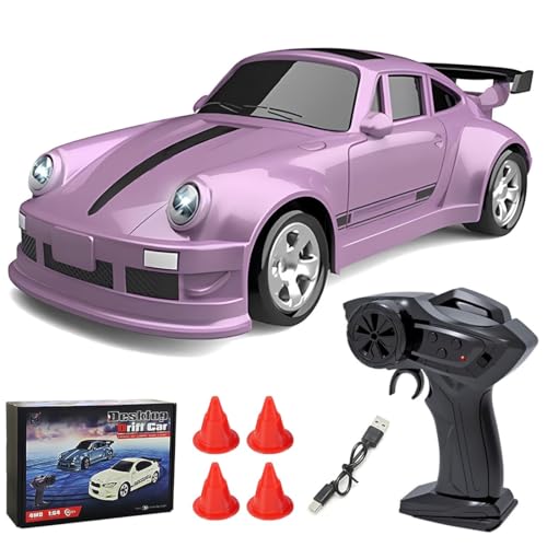 Mini Desktop RC Drift Car, 1:64 Scale 4WD High-Speed 2.4Ghz Remote Control Racing Sports Car with LED Lights for Adults Hobbyists - color: Pink