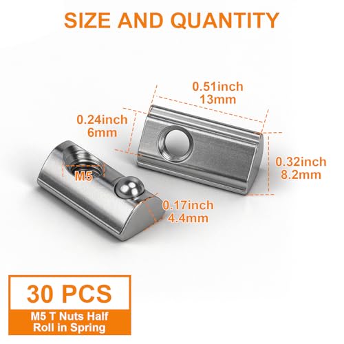 30pcs M5 Half-Roll Spring T-Nuts for 2020 Aluminum Extrusion | European standard spring T-nut. Silver nickel-plated carbon steel construction. For 3D printers, CNC, laser engravers - size: 30pcs M5 Spring T-Nut