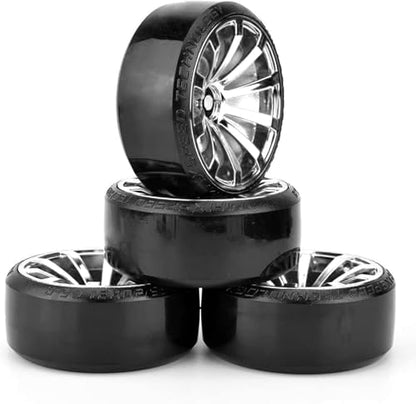 Hard Plastic 63mm Drift Car Tyres 12mm Wheels for 1/10th Scale HSP Tamiya HPI Kyosho TT02 Road Drift Car Hard Tyre Replacement, Set of 4 (Silver) - color: Silver