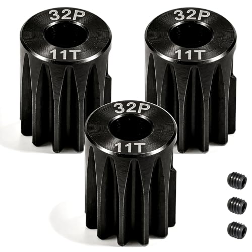 32P 11T RC Car Gear Set | 45# Steel Black Oxide | 5mm Bore +0.03mm | Precision Engineered Motor Pinion Gear Compatible with Traxxas/ARRMA/HPI/Kyosho (3-Pack with M4 Set Screws) - style: 3Pcs 11T