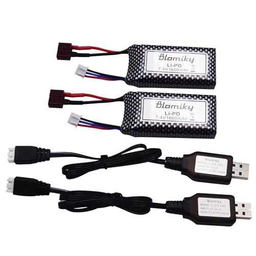 Blomiky 2 Pack 11.84Wh 7.4V 1600mAh Li-po Rechargeable Battery and USB Cable Suitable for Some 1/10 1/12 Scales RC Truck Cars 25-DJ02 / 7.4V 1600mAh 2