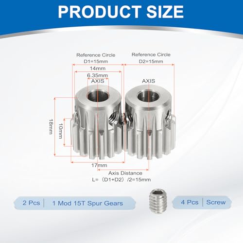 uxcell 2Pcs 1 Mod 15T Spur Gear 6.35mm Bore, 304 Stainless Steel Pinion Gear, 20°Pressure Angle, for Spur Rack and RC Model Car or Motor DIY(14mm) - size: 1 Mod 15T, 6.35mm x 14mm
