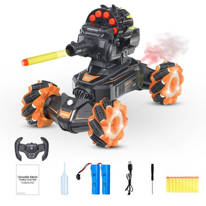 Rc Car Shoot SoftBullet,Fits for Nerf, Remote Control Hand Gesture Stunt Drift Truck, 360°Rotating Battle Tanks with Soft Bullets Water Bomb, Spray, Music, Led, Toy Gifts（Orange） - color: Orange