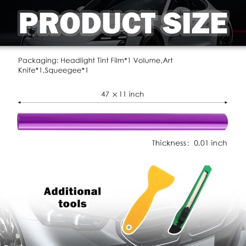 12×47" Car Headlight Tint Film,Cuttable Taillight Tint Film Kit with Squeegee & Cutter,Waterproof Tail Light Tints Films Car Exterior Accessories for Headlights Fog Lights Tail Lights (Purple) - color: Purple