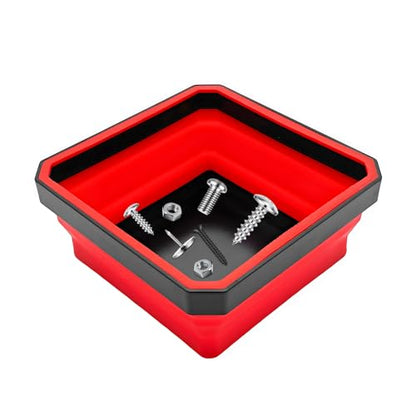 Collapsible Magnetic Parts Tray, 4.5" Square Metal Parts Organizer with Dual-Sided Magnetic Base, Foldable Tools Tray Silicone Storage Bowl for Screws Bolts Nuts Washers Pins (Red) - color: Red
