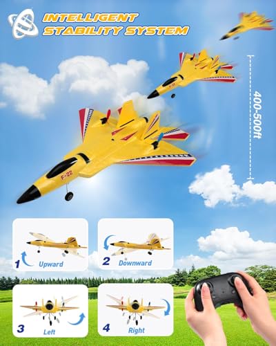 ANTSIR F22 RC Plane Jet Easy to Fly Foam RC Glider for Kids, Yellow | 2CH, RTF, 2.4GHz, Smart Gyro Stabilizer, LED Lights, 2 Rechargeable Batteries, Toy Gift for Boys Girls Beginners 8-16 - color: Yellow F22-2 Batteries