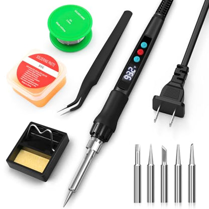 Soldering Iron Kit, 100W Soldering Gun with LED Digital Display, Adjustable Temperature 356-932℉ Solder Kit for Electronics, Includes Soldering Iron Tip, Solder Wire, Stand, Tweezers and Paste, Black - color: Black