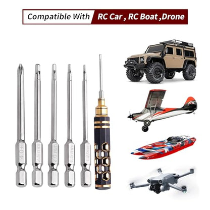 5 in 1 RC Hobby Repair Tools Kit, Hex Driver Set Allen Wrench with Drill Bits, Hex Bit Set & Phillips Screwdriver Bits, Alloy Handle Tool Set for RC Car Truck Crawler Helicopter Drone Boat