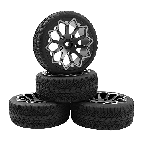 ShareGoo Metal Wheel Rims with Rubber Tire RC 12mm Hex Compatible with HSP Tamiya Kyosho RedCat Sakura WLtoys 1/10 RC On-Road Racing Touring Car (Black) - color: Black