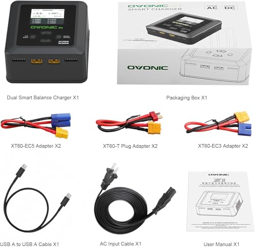 OVONIC X1 Dual RC LiPo Battery Balance Charger for 1S-6S LiPo, LiHV, Life, NiMH, NiCd Batteries, AC 200W / DC 600W 15A Smart Fast Charger with Sync Charging Mode