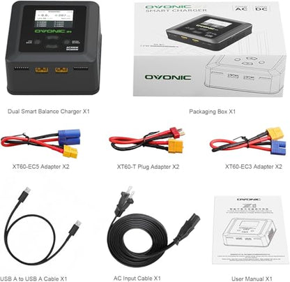 OVONIC X1 Dual RC LiPo Battery Balance Charger for 1S-6S LiPo, LiHV, Life, NiMH, NiCd Batteries, AC 200W / DC 600W 15A Smart Fast Charger with Sync Charging Mode