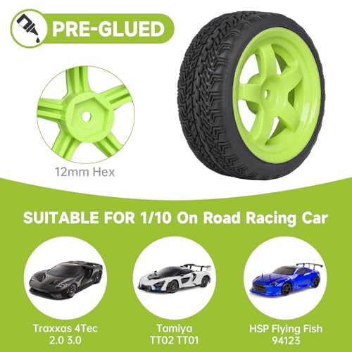 Pre-Glued OD 2.6" 12mm Hex Wheels Rims and Rubber Tires for Traxxas Tamiya HPI HSP Redcat RC 1/10 On Road Racing Car, Set of 4 (Color H) - color: Color H