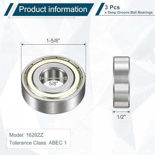 uxcell 3 Pcs 1628ZZ Deep Groove Ball Bearing 5/8" x 1-5/8" x 1/2" Double Metal Sealed, Chrome Steel Bearings - size: 1628ZZ 5/8" x 1-5/8" x 1/2"