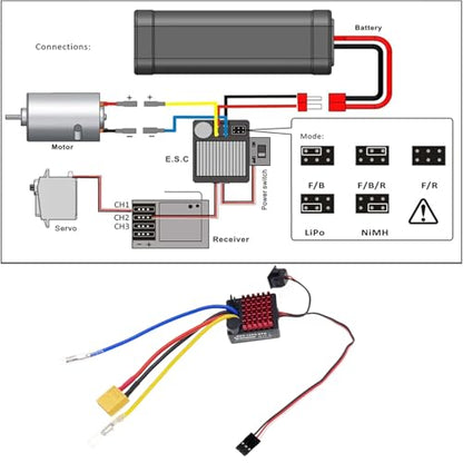 60A Waterproof Brushed ESC，1060 2-3s Electronic Speed Controller Waterproof RTR with XT60 Plug JR Plug for 540/550/380/370 Motors 1/10 Scale RC Crawler Car/Boats/Tanks