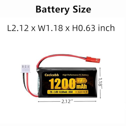 7.4V 1200mAh 2S Li-Po Battery Fit for WLtoys Rc Cars A949 A959 A969 A979 K929 and Most 1/10, 1/16, 1/18, 1/24 Scale Remote Control Cars 2 Pack RC Batteries with 7.4V USB Charger