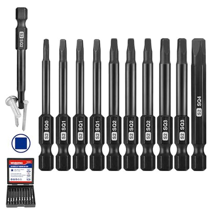 WORKPRO 10PCS Square Drive Bit Set, Magnetic Impact Screwdriver Bits | S2 Steel, 1/4" Hex Shank, Storage Box, CNC Precision Machining, Heat Treated - color: Square