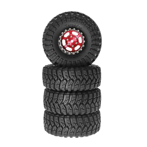 1.3” Aluminum Beadlock Wheels & Rock Trail Tires Set for 1/18 1/24 RC Crawlers, -8.0mm Offset, 68×26mm, 7mm Hex, Foam Inserts, Fits TRX4M SCX24 AX24 FCX24 Ascent-18, Pre-Assembled 4 pcs (Red) - color: Red