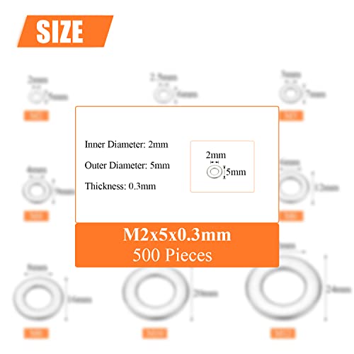 HELIFOUNER 500 Pieces M2 Flat Washers, 304 Stainless Steel, Inner Diameter 2mm, Outer Diameter 5mm, Thickness 0.3mm, Fender Washers, Metal Washers for Screws Bolts - size: M2
