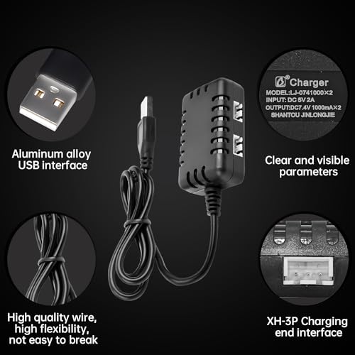 2S 7.4V 1-to-2 Charger with XH-3P Connector Plug for AX24 SCX24 FCX24 UTB18 SCX24 RC Cars and Trucks, for 7.4V 2S Lithium Batteries, Drones, Quadcopters, and Ships LiPO Batteries