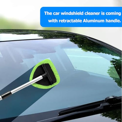 Car Windshield Cleaner Tool, Extendable Handle Pentagonal Vehicle Window Cleaning Kit with 4 Reusable Pads Spray Bottle, Auto Windscreen Detailing Cleaner, Universal Fit (Green) - size: Green