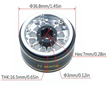 1.3 Beadlock Wheels & Brass Rim 46.5g Offset-3mm for 1/18 1/24 RC TF (Silver) - color: Silver
