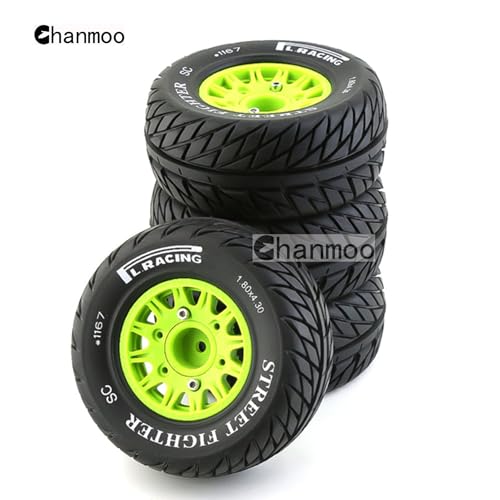 1/10 RC Short Course Truck Tires And Wheels With 12mm 14mm 17mm Hex 113mm 1/8 Rubber Tyres For 1/8 or 1/10 Scale On Road Car HSP Sonic 94102 GT PTG-2 Tamiya TT02 RC Racing Car 4PCS (Green B) - color: Green B