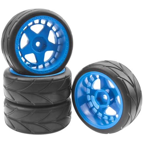 ShareGoo RC OD 2.55" Nylon 12mm Hex Wheels & Rubber Tires Set Compatible with Traxxas Tamiya Sakura HSP Redcat 1/10 RC On-Road Touring Drift Car (Blue) - color: Blue