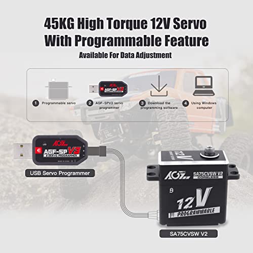 AGFRC SA75CVSW V2 45KG 12V Waterproof Servo for 1/8 RC Cars | 0.090Sec/60° @12V, Programmable, Coreless motor, Full Metal Gear, 180°, Fits 1/10 & 1/8 RC Cars/Trucks/Crawlers