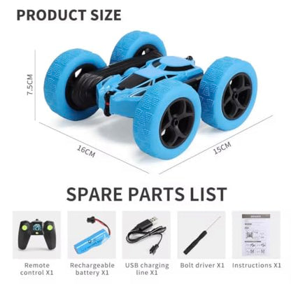 RC Flip Stunt Car Double-Sided 4x4 360 Degree Rotate, unixes | 2.4GHz Remote Control, Roll & Walk Stunts, Rechargeable Battery, Ages 6 and Up, TRP Vacuum Tires - color: Blue