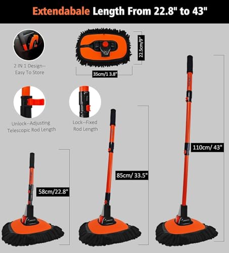 43'' Car Wash Brush with Long Handle Chenille Microfiber Car Wash Kit Mitt Retractable Bent Pole Car Wash Mop for Cars RV Truck Boat (Orange-1) - color: Orange-1