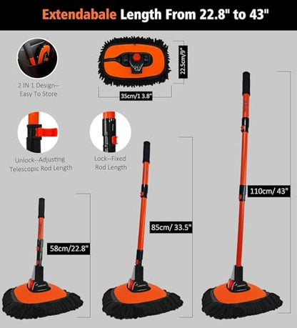43'' Car Wash Brush with Long Handle Chenille Microfiber Car Wash Kit Mitt Retractable Bent Pole Car Wash Mop for Cars RV Truck Boat (Orange-1) - color: Orange-1