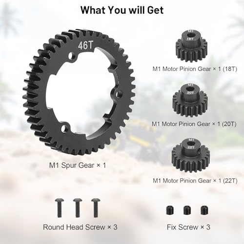 daitoku 46T 1 Mod Hardened Steel Spur Gear with 18T 20T 22T Motor Pinion Gear Compatible with Traxxas 1/10 Maxx 1/5 X-Maxx 1/10 E-REVO 2.0 VXL 1/7 XO-1 - size: 46T