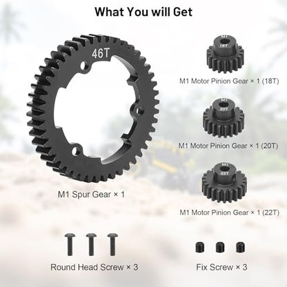 daitoku 46T 1 Mod Hardened Steel Spur Gear with 18T 20T 22T Motor Pinion Gear Compatible with Traxxas 1/10 Maxx 1/5 X-Maxx 1/10 E-REVO 2.0 VXL 1/7 XO-1 - size: 46T