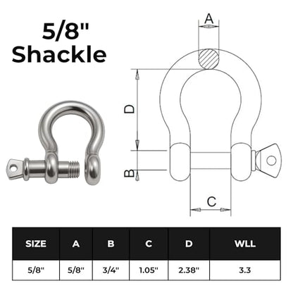 316 Stainless Steel Bow Shackle with Oversized Screw Pin, Marine-Grade Hardware for Anchor Lines, Towing, Dinghies, Canoes, Trailers, Utility Tie-Downs & Off-Road Recovery - size: 5/8" with 3/4" Pin 3.3 WLL, style: 01-Pack