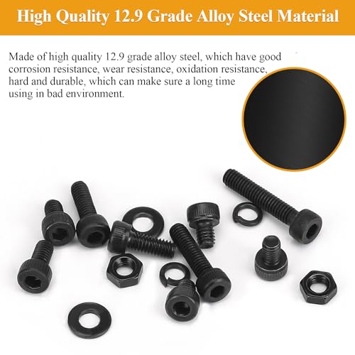 385 Pieces M4 Screws Nuts Washers Set Black, Sutemribor M4 x 5/6/8/10/12/16/20mm Hex Socket Head Cap Screws Nuts Washers Assortment Kit, 12.9 Grade Alloy Steel, Fully Threaded - size: M4, style: Socket Head