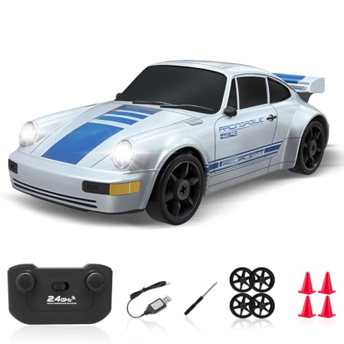 RC Drift Car, 2.4GHz Remote Control Car with LED Light, 1/24 4WD High Speed Drifting RC Cars with Two Rechargeable Batteries and Drift Tires, Toy Cars for Kids Adults, Silver - color: Silver