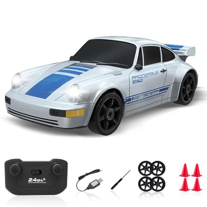 RC Drift Car, 2.4GHz Remote Control Car with LED Light, 1/24 4WD High Speed Drifting RC Cars with Two Rechargeable Batteries and Drift Tires, Toy Cars for Kids Adults, Silver - color: Silver