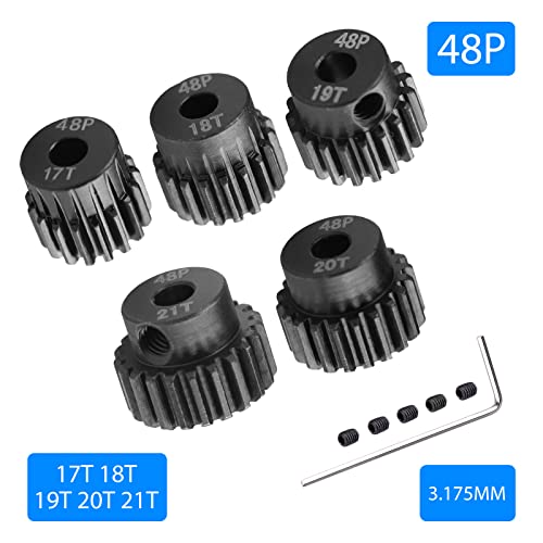 AIMROCK 5-Pack 48P RC Motor Pinion Gears Set: 17T 18T 19T 20T 21T Upgrade Parts for 1/10 RC Car 3.175mm Shaft Motor - size: 17T 18T 19T 20T 21T