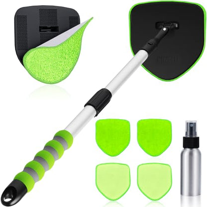 XINDELL Interior Windshield Cleaner Tool, Car Window Cleaning Kit with 4 Reusable Microfiber Pads, Extendable Handle & 360° Rotating Head, Safety Hammer, Streak-Free Auto Glass Wiper for Truck SUV RV - color: Green