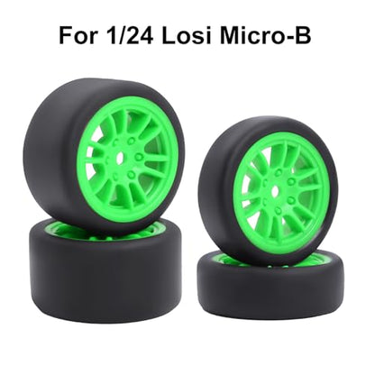 Pre-Mounted On-Road Drift Racing Wheel Tire Set Direct Pin Mount for 1/24 LOSI Micro-B WLtoys 244016-4PCS Rims Hub with Tires (Green) - color: Green
